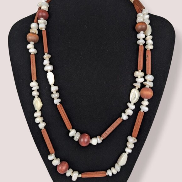V. Wood & Polished Shell Beaded Necklace - Picture 2 of 5